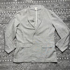 EILEEN FISHER Linen Blend Open Stripe Blazer Jacket Medium Long Sleeve Neutral